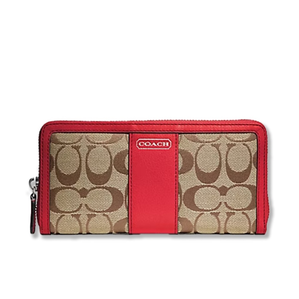 NWT Coach Canvas Leather SIGNATURE ACCORDION ZIP WALLET F49159 KHAKI VERMILLION